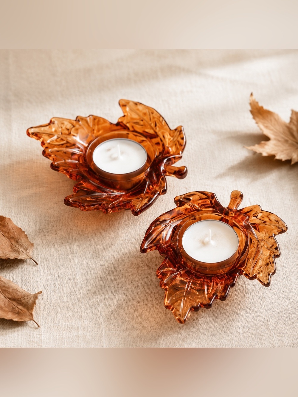 Amber Glass Leaf Tealight Holders - Set of 2